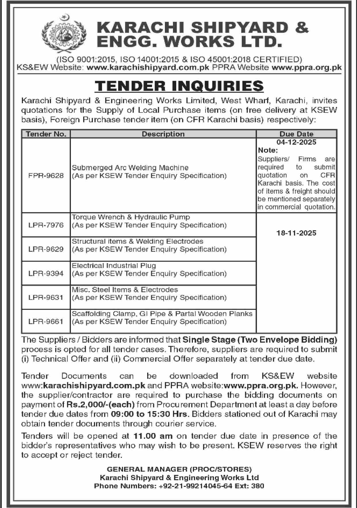 Karachi Shipyard & Engineering Works Limited Tender Notice